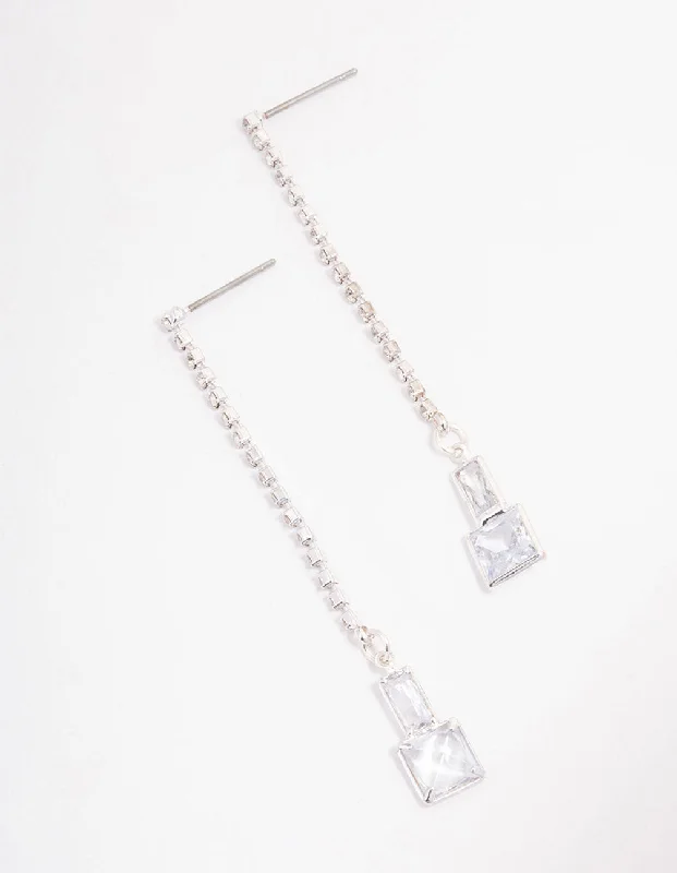 Fancy Diamond Earrings-Silver Cup Chain Diamante Stone Drop Earrings