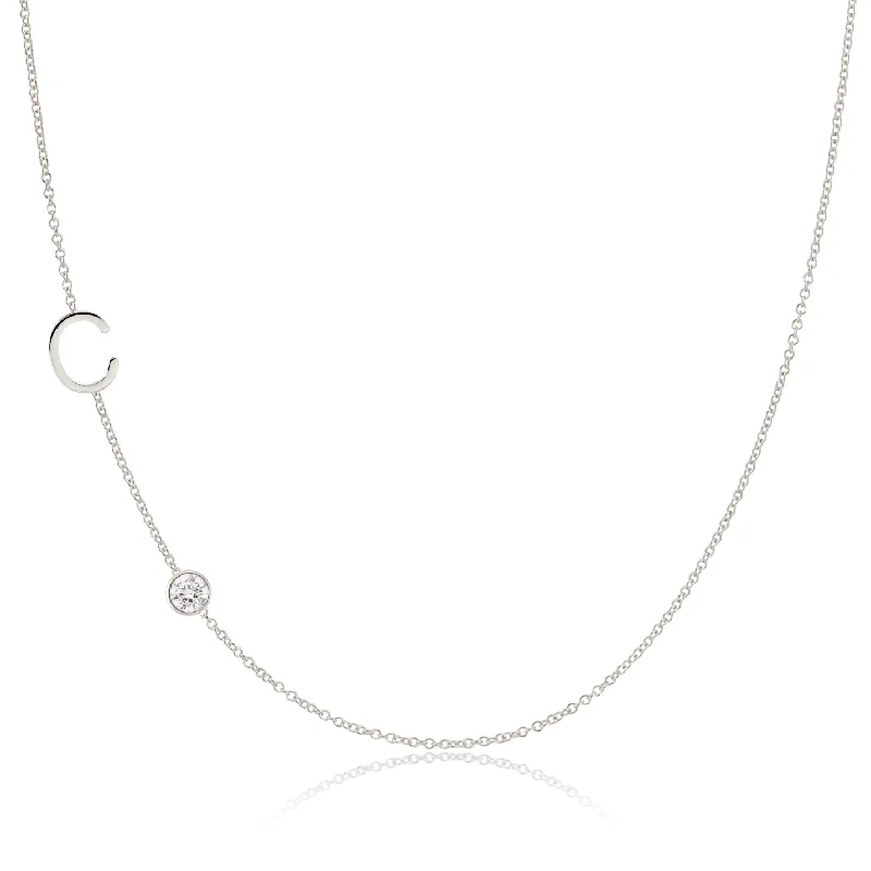 Silver Heart Pendant Necklace-Monogram Necklace with Diamond White Gold