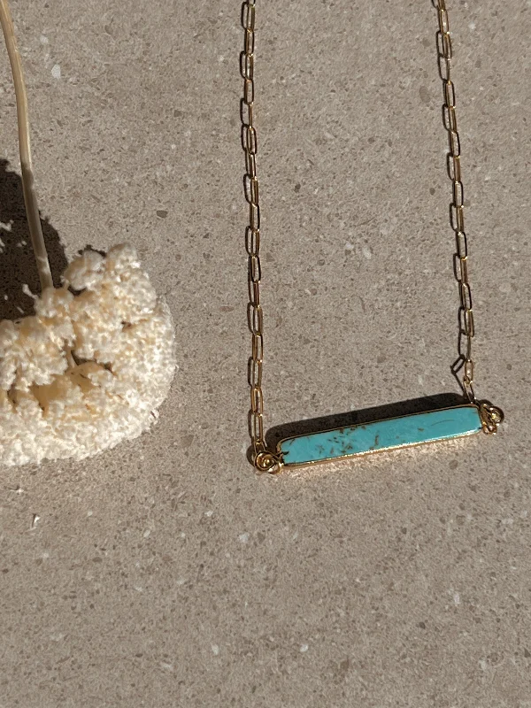 Beaded Gold Pendant Necklace-Turquoise Bar Link Chain