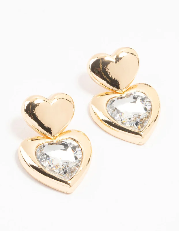 Large Pearl Earrings-Gold Diamante Puffy Heart Drop Earrings