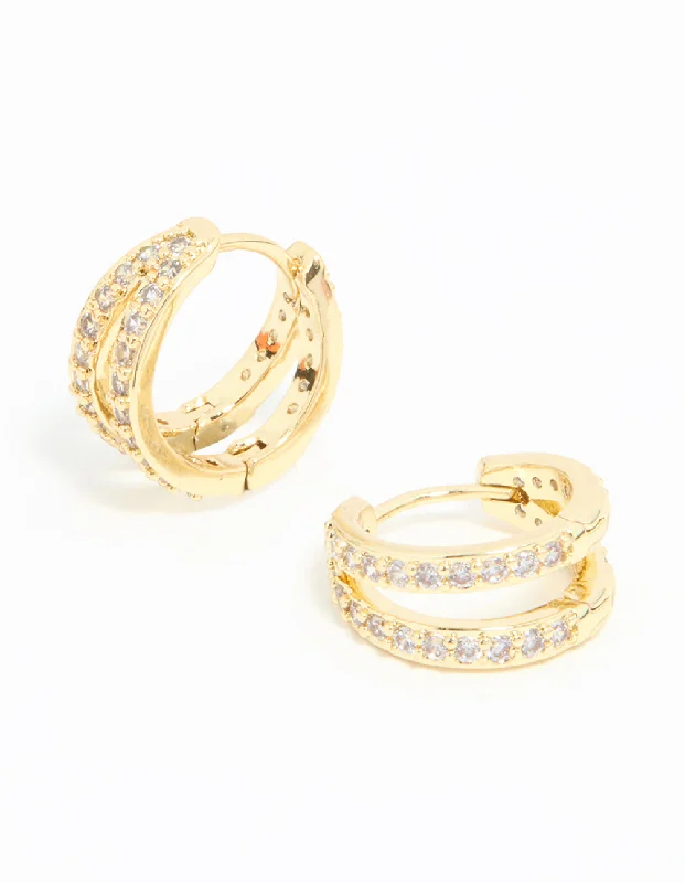 Gold Clip-On Earrings-Gold Plated Diamante Double Mini Hoop Earrings