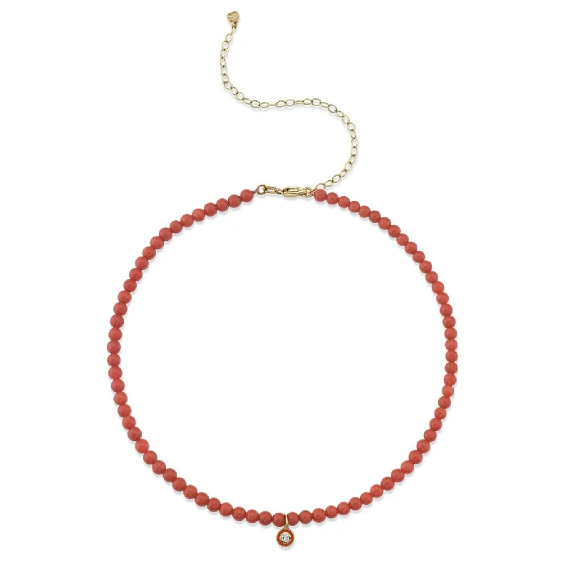 Geometric Bar Necklace-Gold & Diamond Small Enamel Red Bamboo Coral Necklace