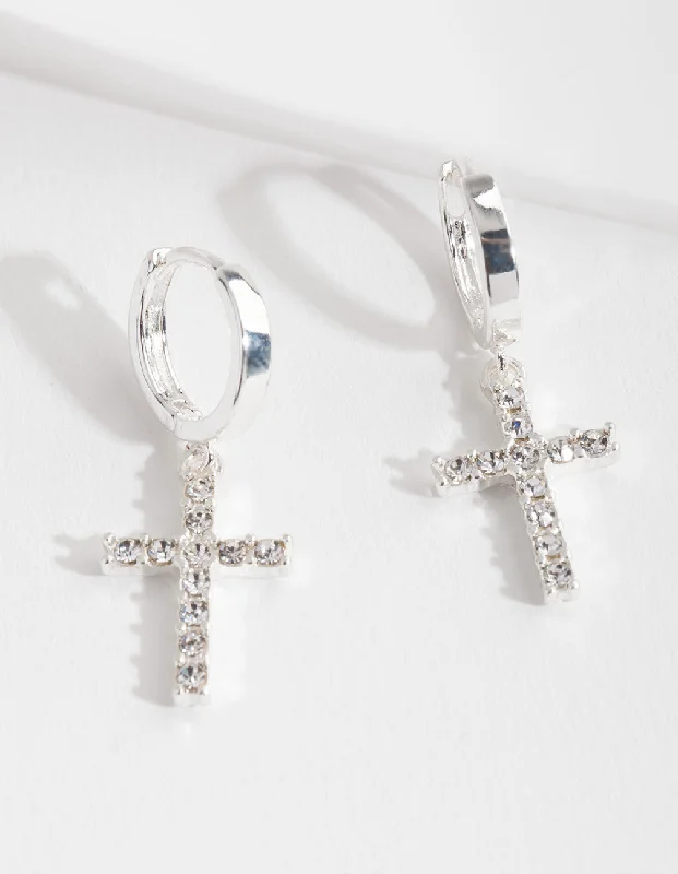 Cute Crystal Earrings-Silver Diamante Cross Huggie Earrings