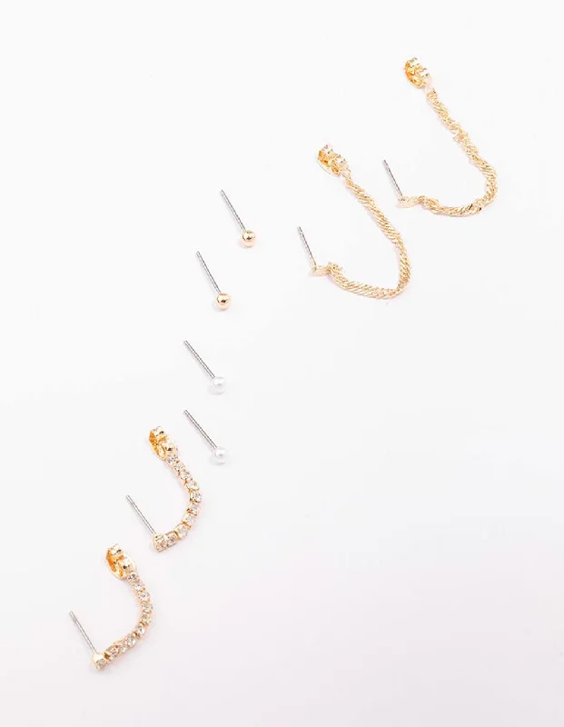 Simple Gold Hoop Earrings-Gold Mixed Chain & Drop Earring 4-Pack