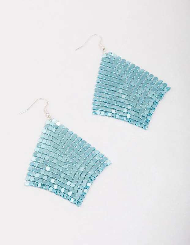 Shiny Drop Earrings-Teal Diamante Chainmail Drop Earrings