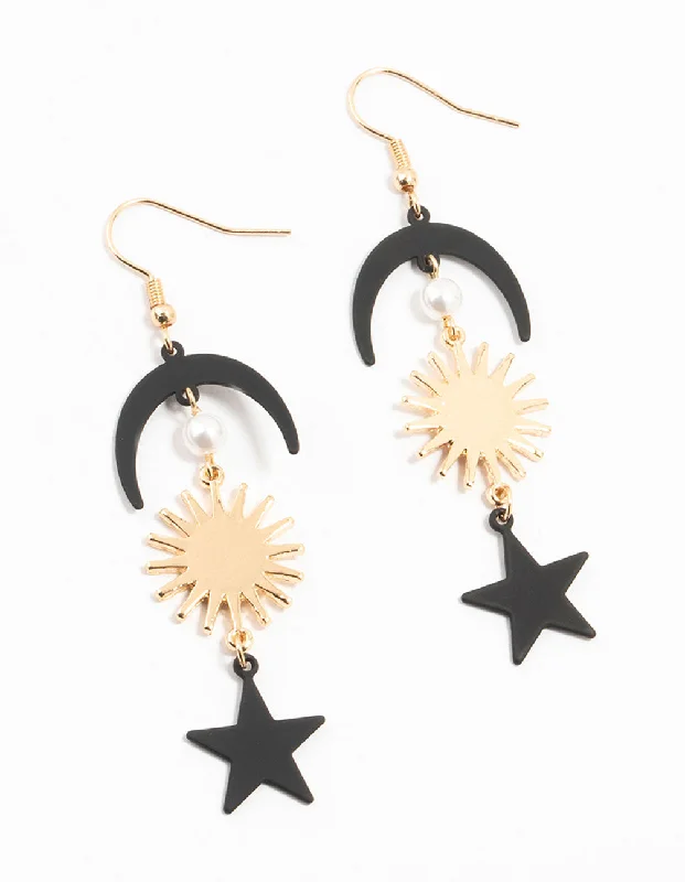 Gold Knot Earrings-Gold & Black Crescent & Star Pearl Drop Earrings