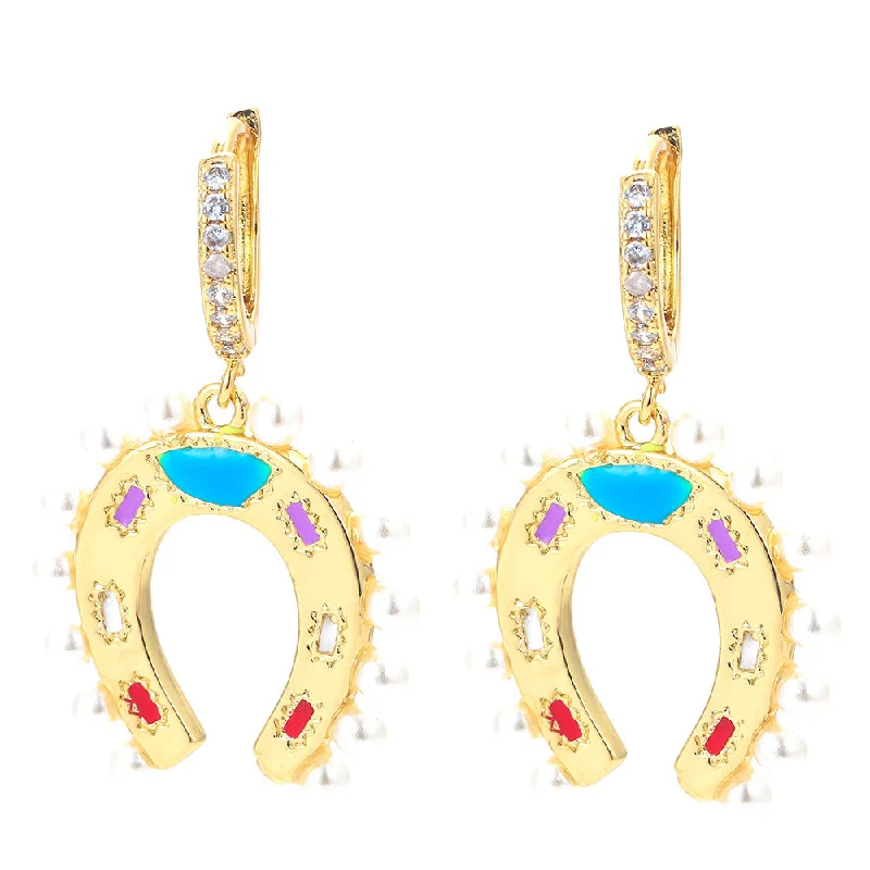 Geometric U-shaped Horseshoe Copper Inlaid Zircon Colorful Oil Earrings