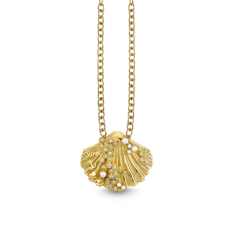 Multi-Color Necklace-Gold & Diamond Large Scallop Shell Icons Necklace