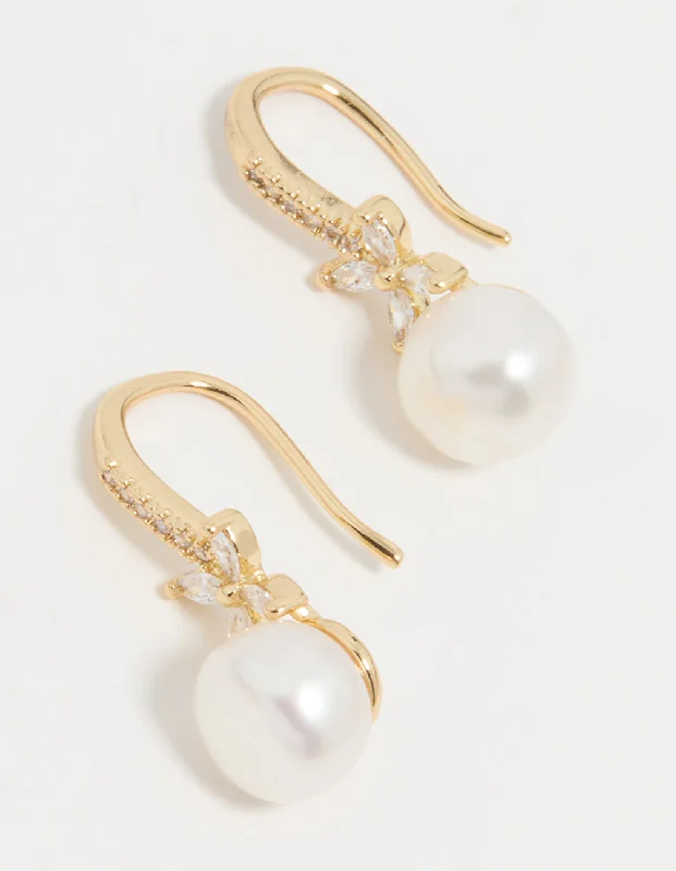 Classic Pearl Earrings-Gold Plated Pearl & Flower Hook Earrings