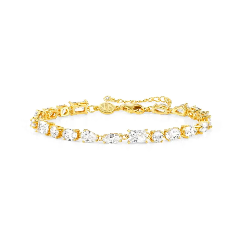 Diamond and Pearl Bracelet-Gold Colour Wave Mixed Cubic Zirconia Bracelet