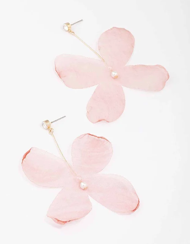 Stud Earrings for Women-Pink Diamante & Pearl Fabric Flower Drop Earrings