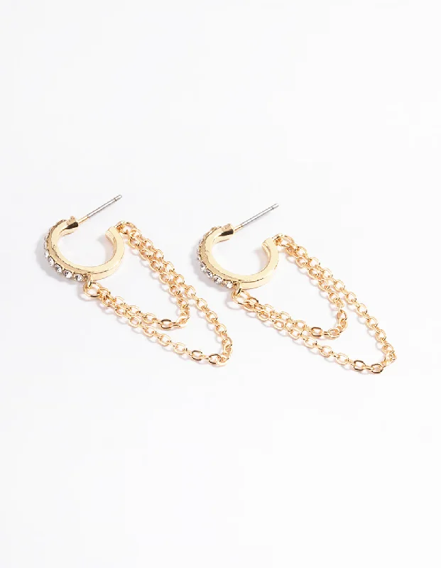 Pearl Stud Earrings for Weddings-Gold Double Chain Diamante Huggie Earrings