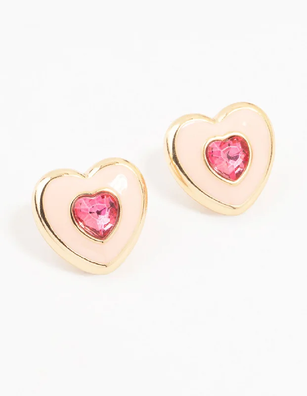 Funky Pearl Earrings-Gold & Pink Acrylic Heart Stud Earrings