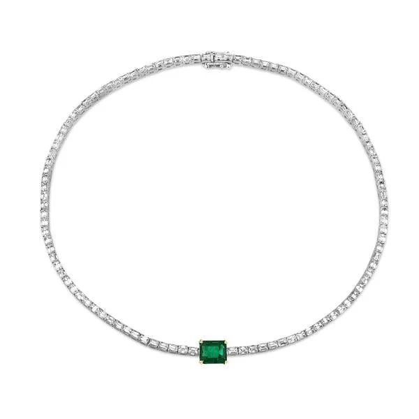 Minimalist Gold Necklace-DIAMOND & EMERALD BAGUETTE TENNIS NECKLACE