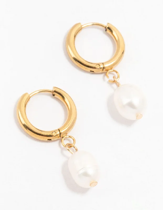 Elegant Drop Earrings-Waterproof Gold Plated Stainless Steel Freshwater Pearl Drop Huggie Earrings