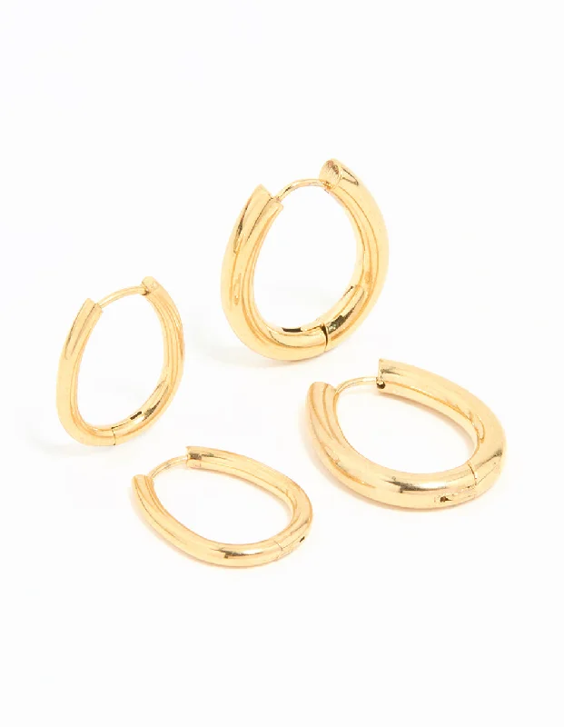 Elegant Drop Earrings-Waterproof Gold Plated Stainless Steel Oval Tube Hoop Earrings 2-Pack