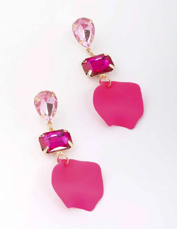 Rose Gold Drop Earrings-Pink Pear & Rectangle Diamante Petal Drop Earrings