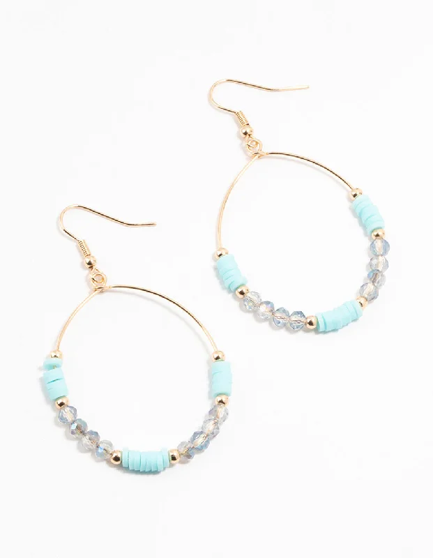 Black Earrings for Women-Gold & Blue Beaded & Disc Hoop Drop Earrings