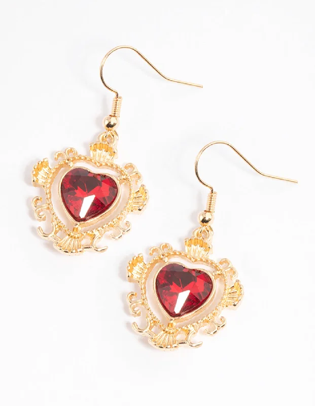 Handmade Hoop Earrings-Red Ornate Heart Diamante Drop Earrings