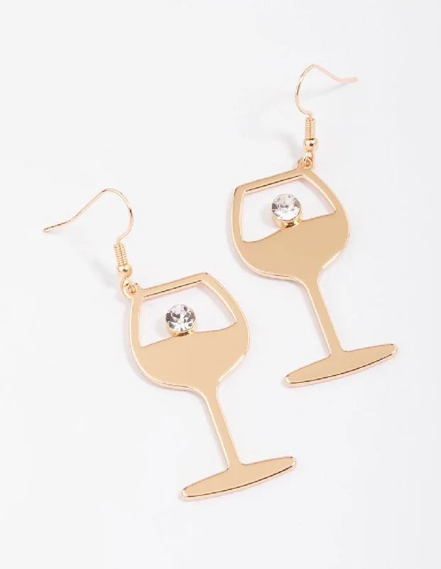 Artistic Drop Earrings-Gold Diamante Wine Glass Drop Earrings