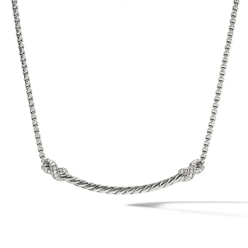 Double Chain Necklace-Petite X Bar Station Necklace in Sterling Silver with Diamonds\, 47.7mm