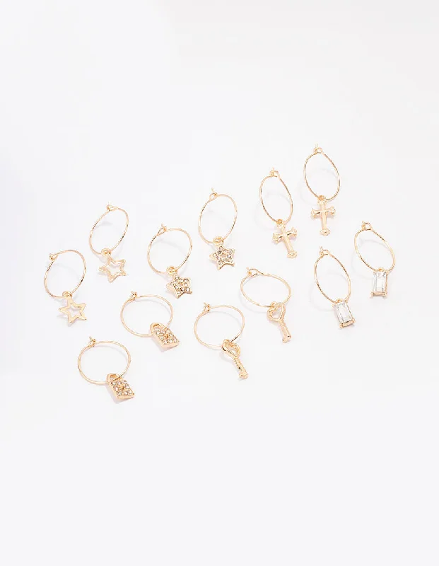 Fancy Diamond Earrings-Gold Crystal Star Wire Hoop Earring 6-Pack