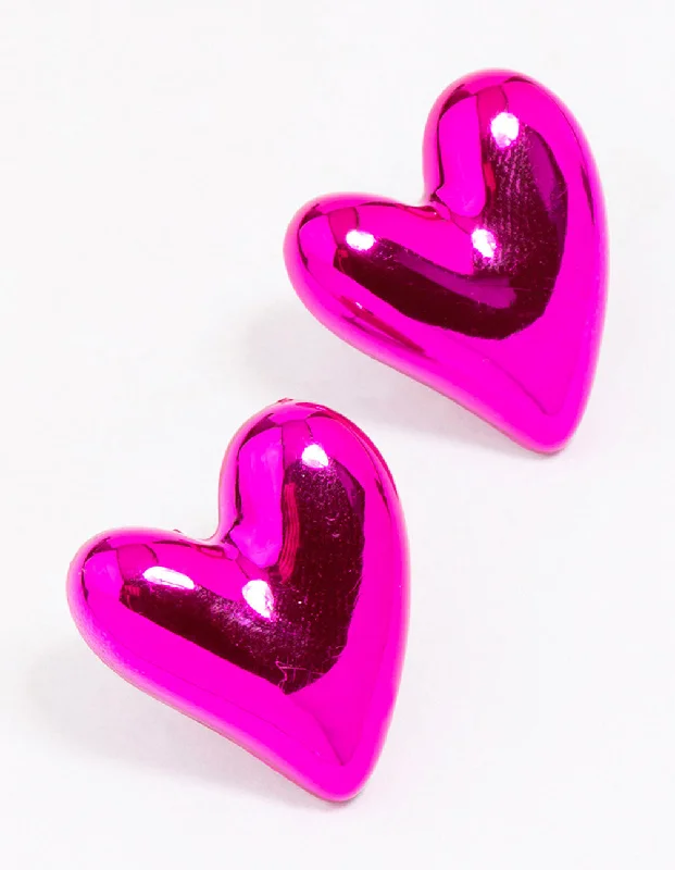 Elegant Drop Earrings-Pink Puffy Heart Stud Earrings