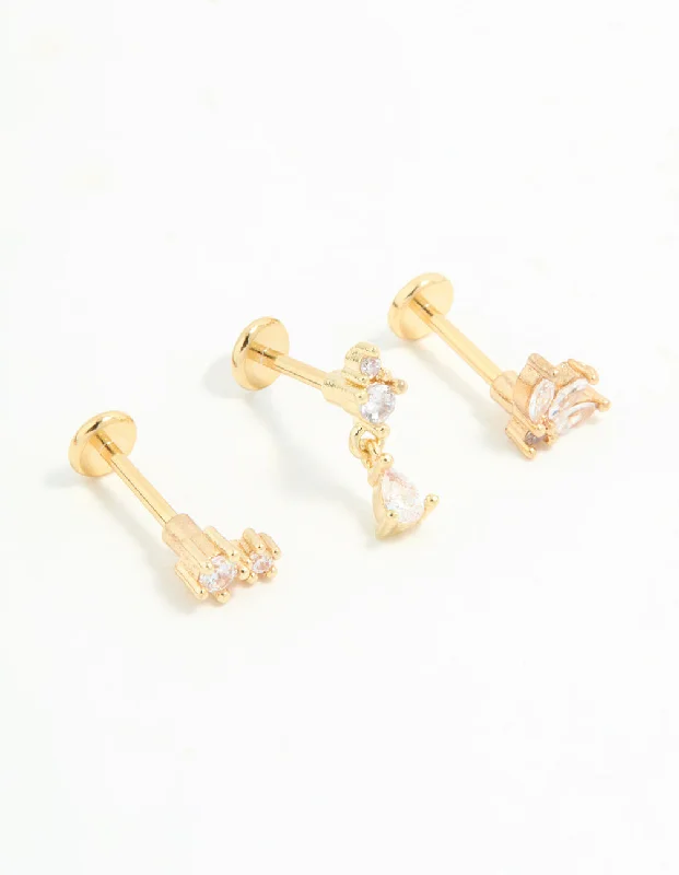 Square Stud Earrings-Gold Plated Surgical Steel Cubic Zirconia Triangular Flat Back Studs Pack