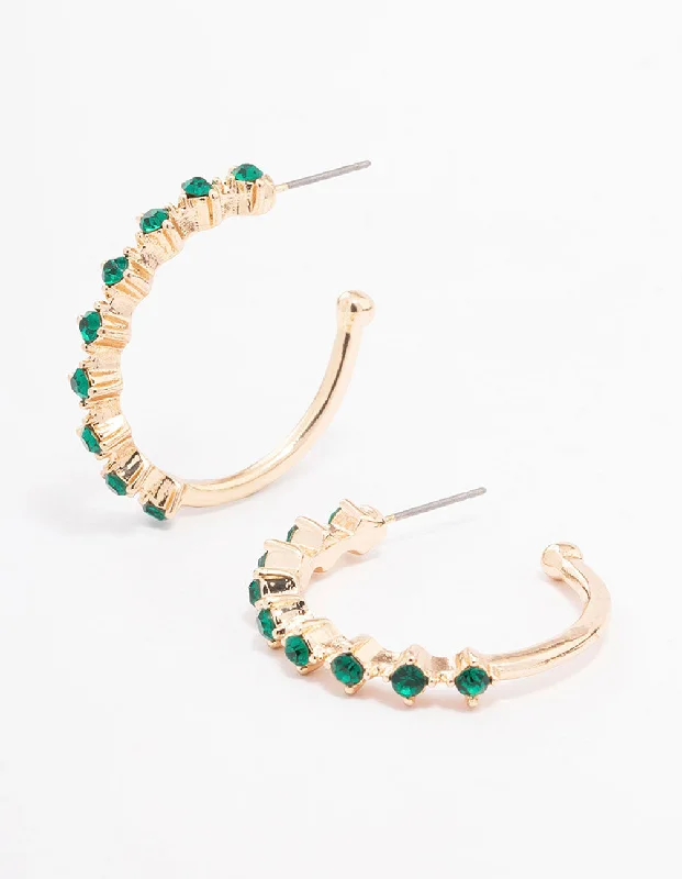 Handmade Drop Earrings-Green Encased Round Diamante Hoop Earrings