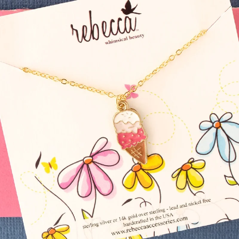 Personalized Silver Necklace-Pink Ice Cream Enamel Charm Necklace Children's