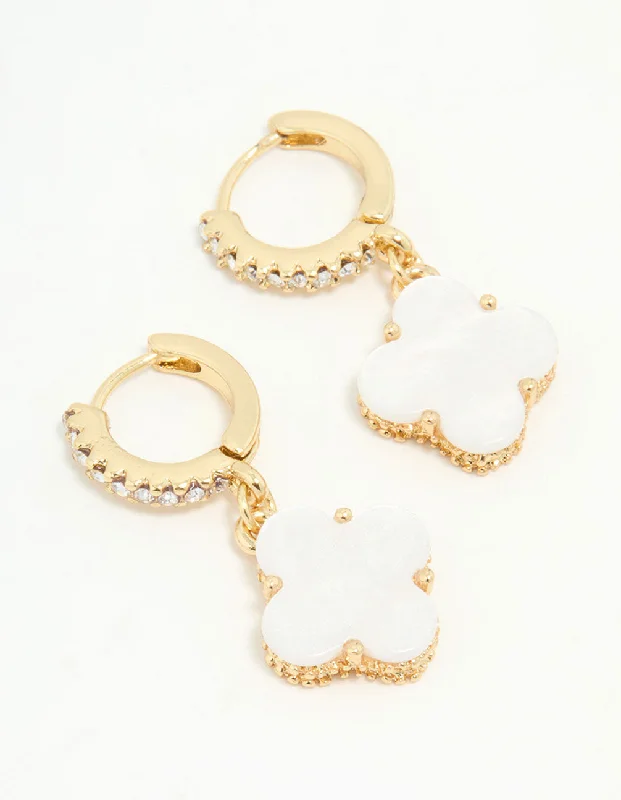 Chic Hoops for Women-Gold Plated Diamante Flower Drop Huggie Earrings