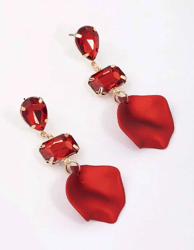 Stud Earrings for Women-Red Pear & Rectangle Diamante Petal Drop Earrings