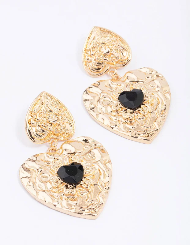 Modern Geometric Earrings-Gold Double Heart Stone Drop Earrings