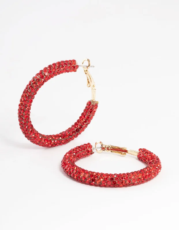 Pretty Gold Earrings-Gold Rubber Diamante Hoop Earrings