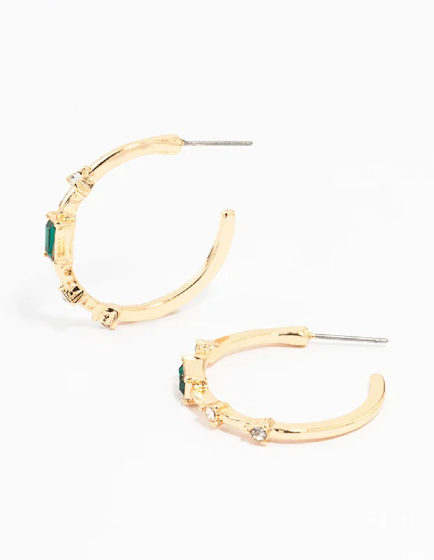 Layered Gold Earrings-Gold Diamante Baguette Thin Hoop Earrings