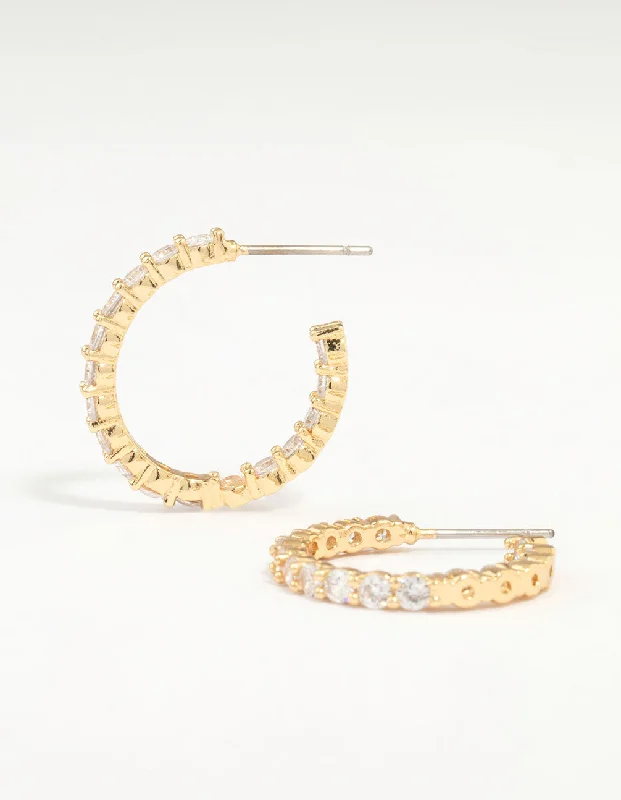 Spiral Silver Earrings-Gold Plated Stone Medium Hoop Earrings