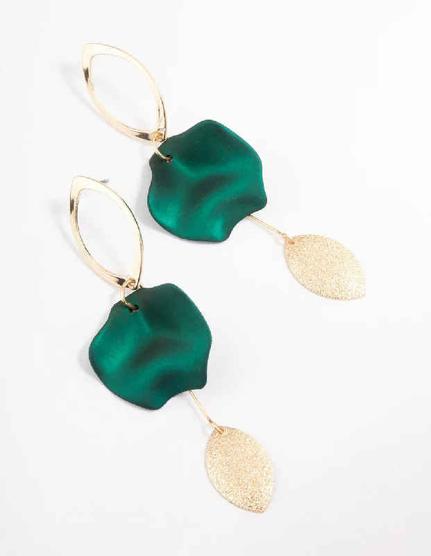 Colorful Pearl Earrings-Green Open Marquise Petal Drop Earrings