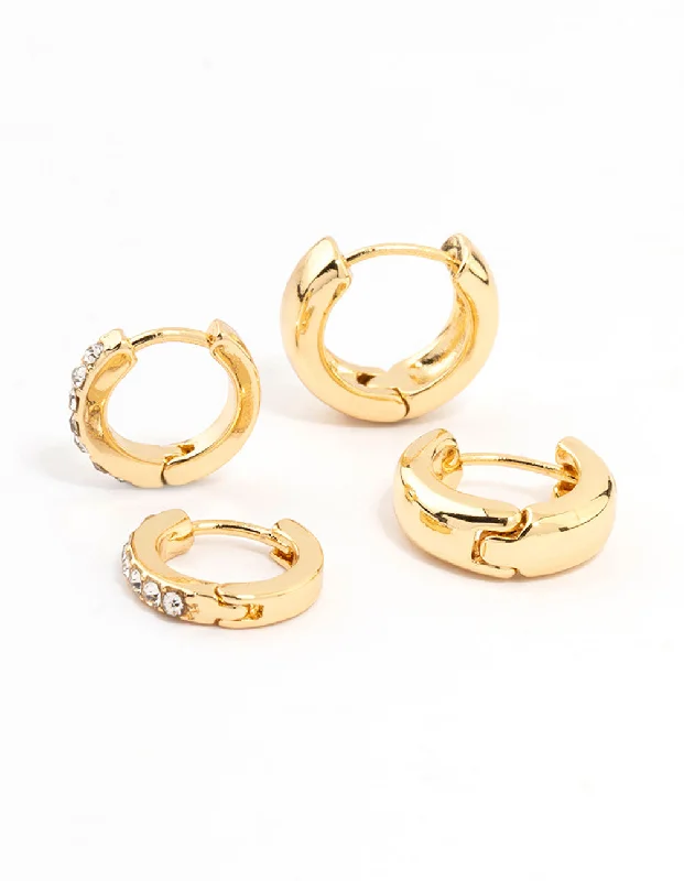 Stud Earrings for Bridesmaids-Gold Plated Diamante & Plain Huggie Earrings 2-Pack