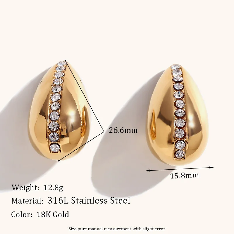 Back Hollow Micro-Inlaid Straight Rhinestone Water Drop Ear Studs-Gold