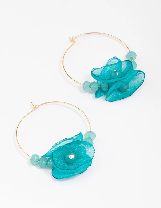 Gold Leaf Earrings-Gold & Blue Flower Beaded Hoop Earrings