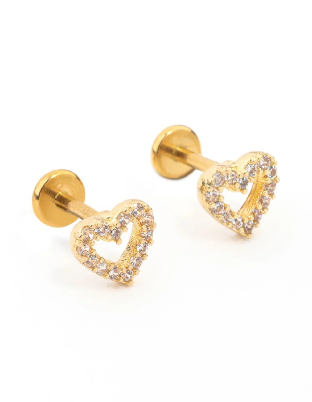 Custom Birthstone Earrings-Gold Plated Surgical Steel Cubic Zirconia Open Heart Flat Back 2-Pack