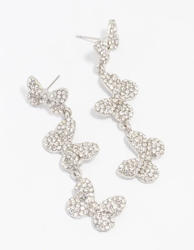 Bold Drop Earrings-Silver Triple Butterfly Diamante Drop Earrings