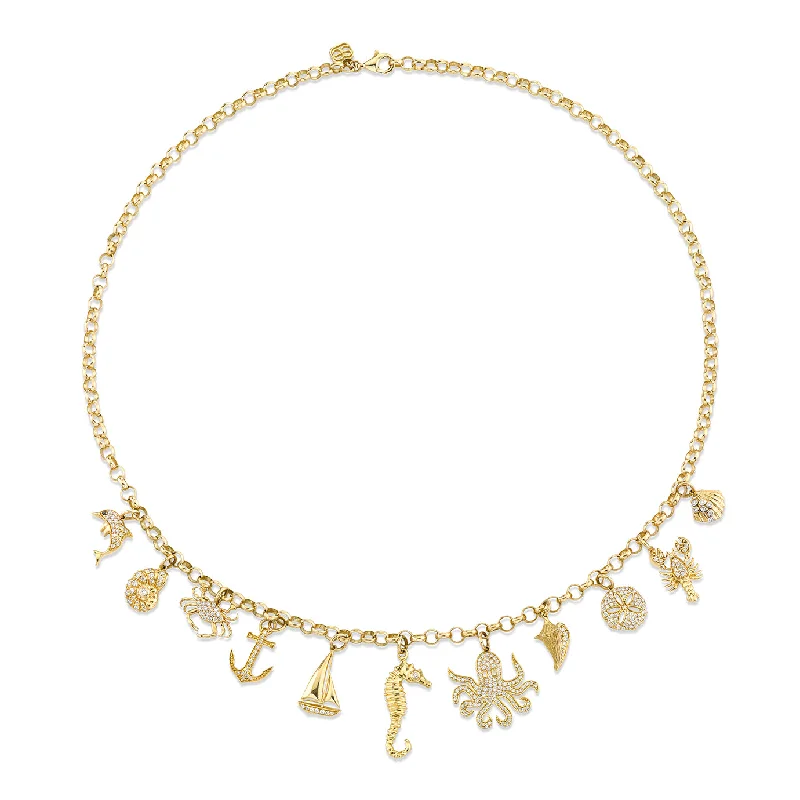 Crystal Beaded Necklace-Gold & Diamond Sea Life Multi Charm Necklace